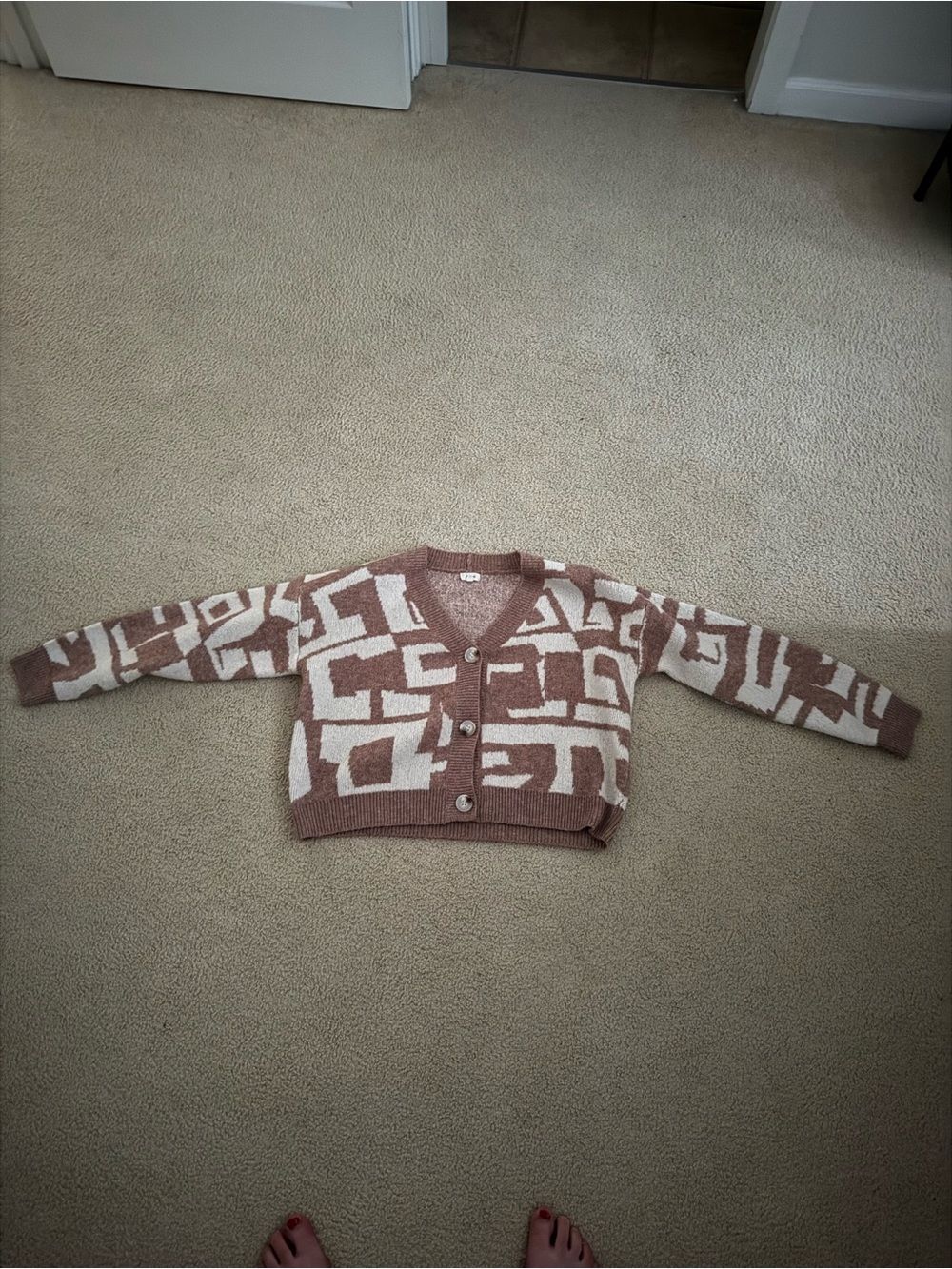 Marshalls Geometric Button-Front Cardigan in Cream and Brown